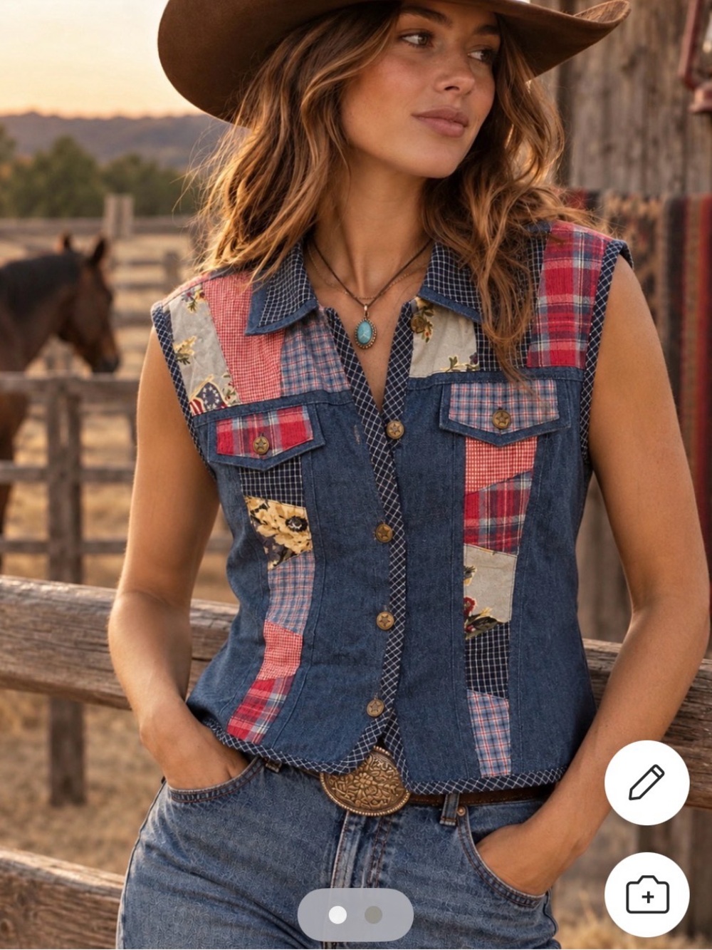 Vintage Koret Patchwork Denim Sleeveless Button-Down Western Vest